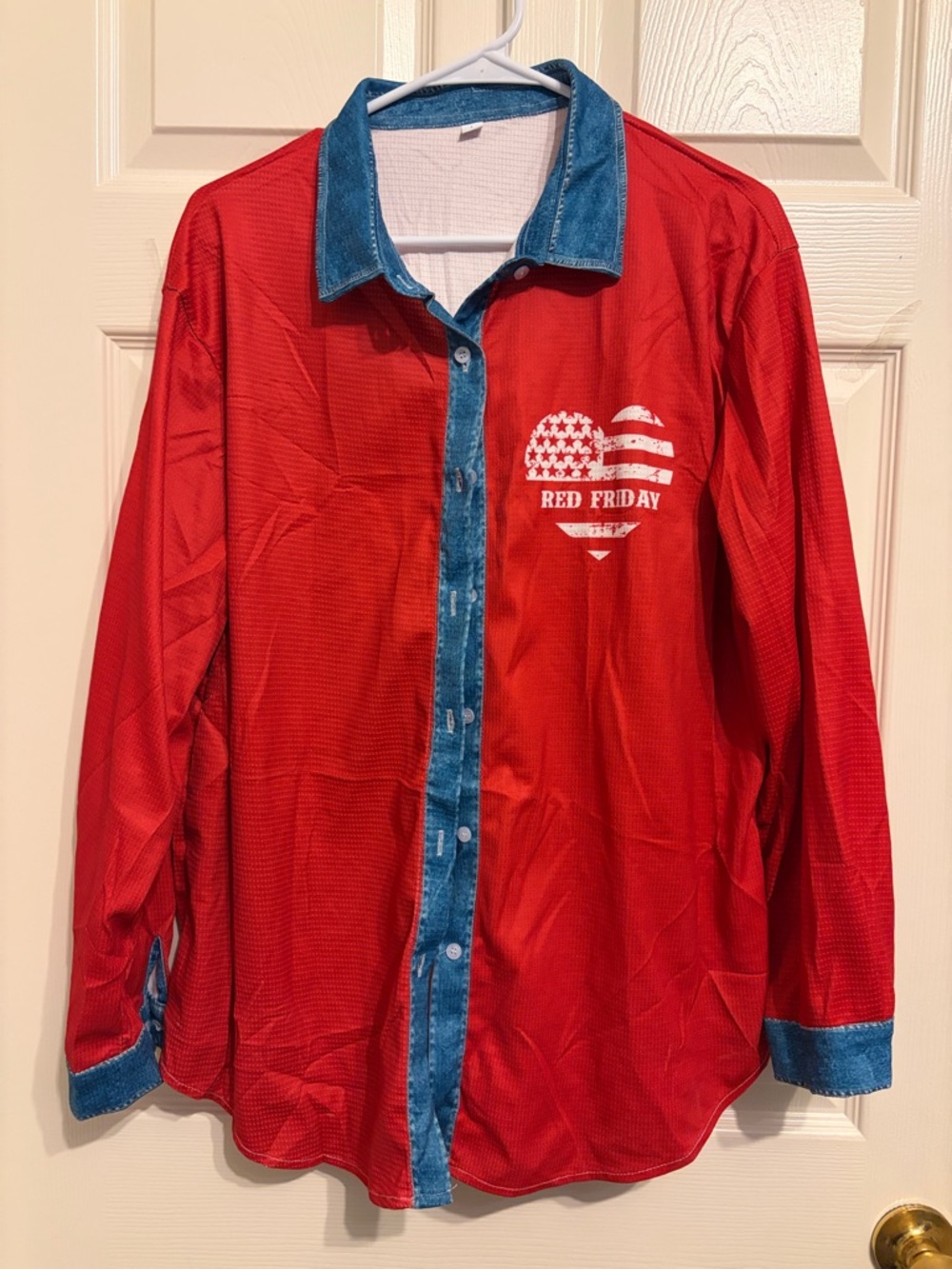 Red Friday Button-Up Shirt with Blue Trim